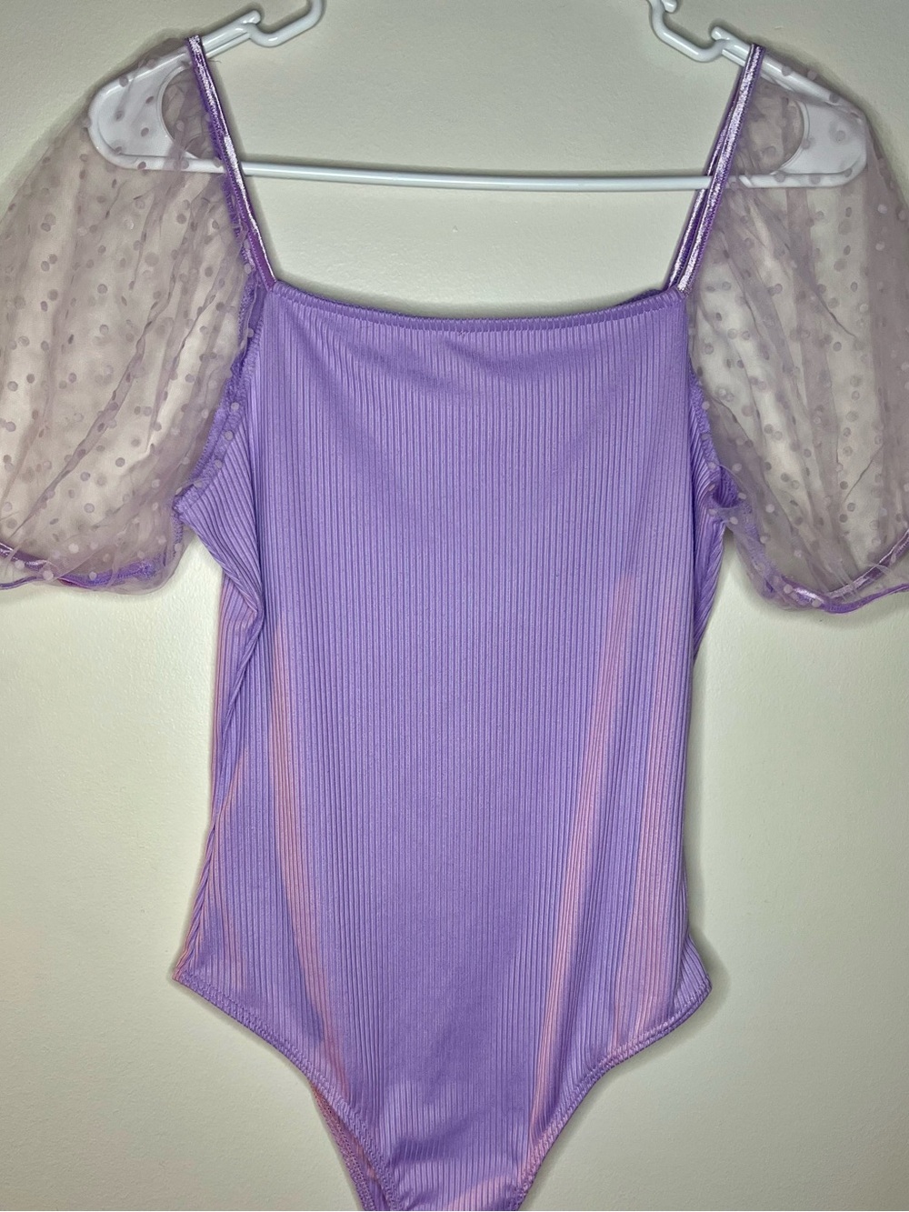 Altar'd State Lilac Ribbed Bodysuit with Sheer Polka-Dot Puff Sleeves